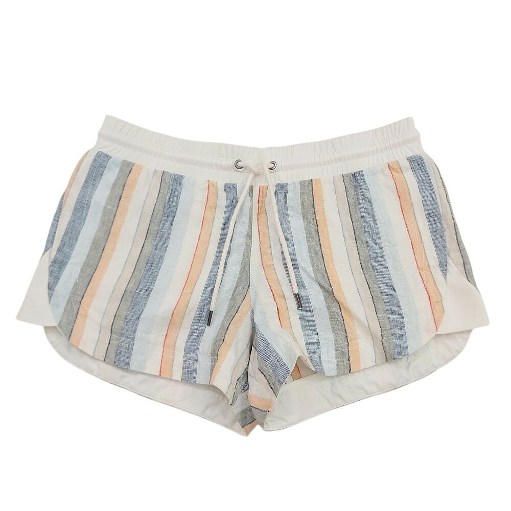 Athleta Linen Shorts Womens 6 White Blue Orange Striped Drawstring Coastal Boho